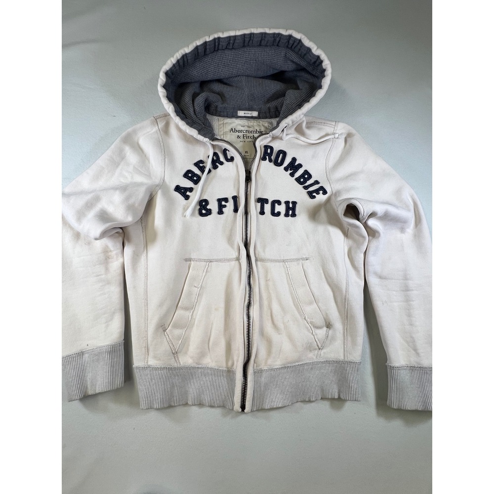 Abercrombie & Fitch Mens XL Cream Full Zip Waffle Lined Logo Hoodie Muscle Fit